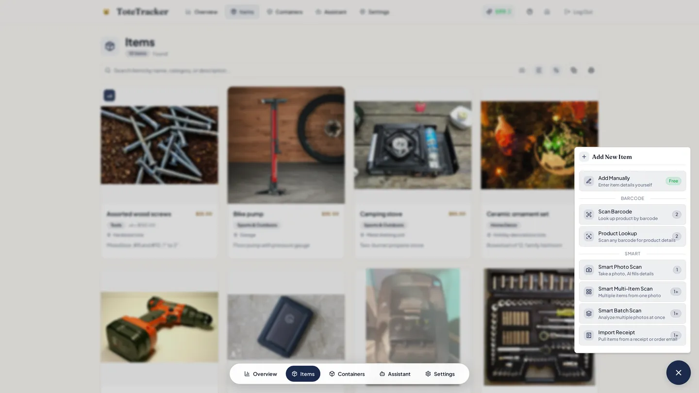 The Add New Item sheet listing all seven ways to add an item